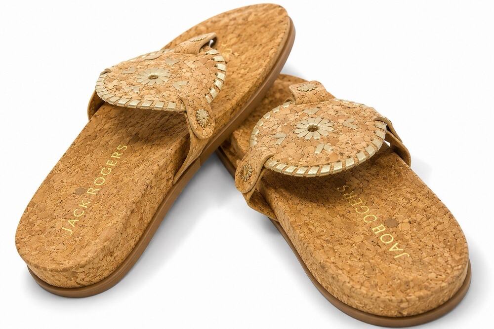 JACK ROGERS Womens 7 COLLINS CORK & METALLIC FLAT THONG SANDALS (Brazil)